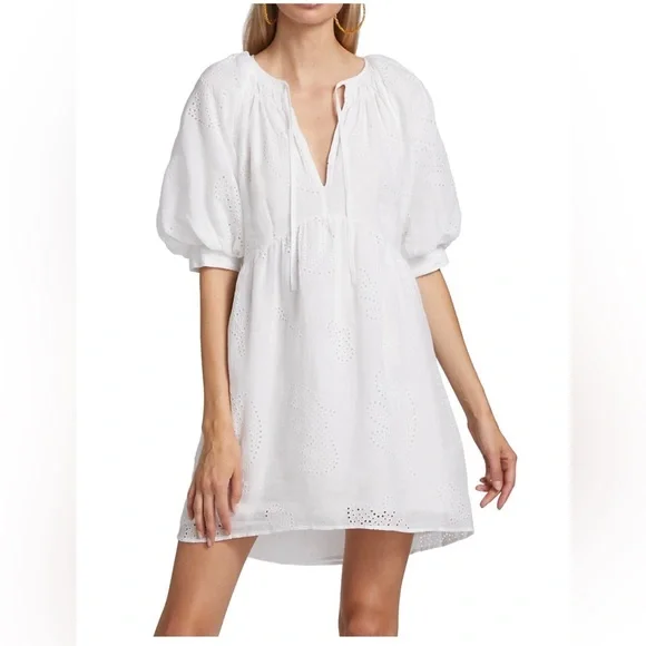 Frame Eyelet Puff Sleeve Dress | Blanc | Size Xs